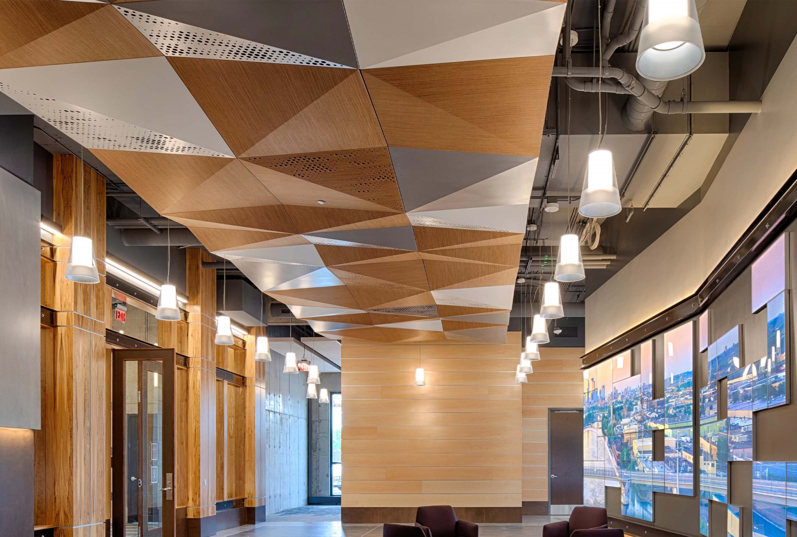 Arktura Delta Drop Custom sculpted ceiling panels at Bridgewater Bank, St. Louis Park MN