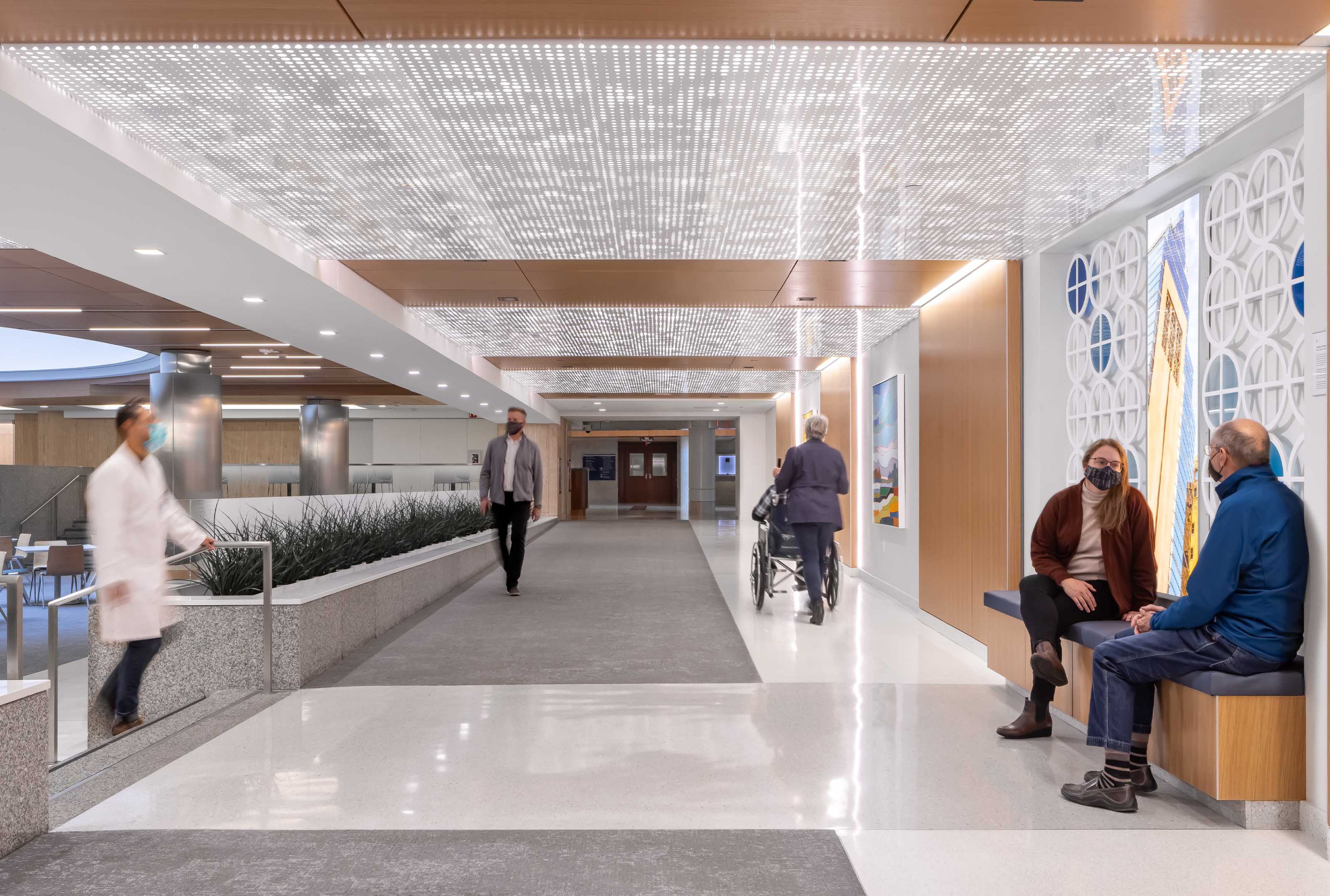 Arktura Vapor Pixel backlit ceiling panels in a Mayo Clinic corridor, Rochester MN