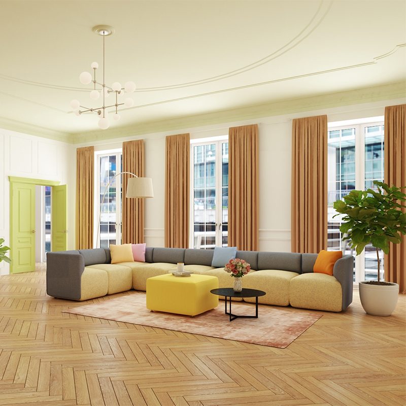 Brooklyn Contract colorful modular seating with a yellow ottoman